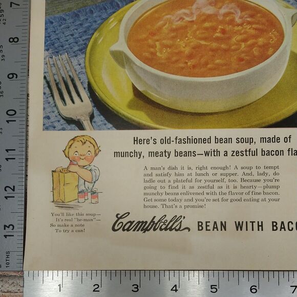 Campbells Bean with Bacon Soup - Store Shelves -1950 Original Retro Vtg PRINT AD - Picture 7 of 9